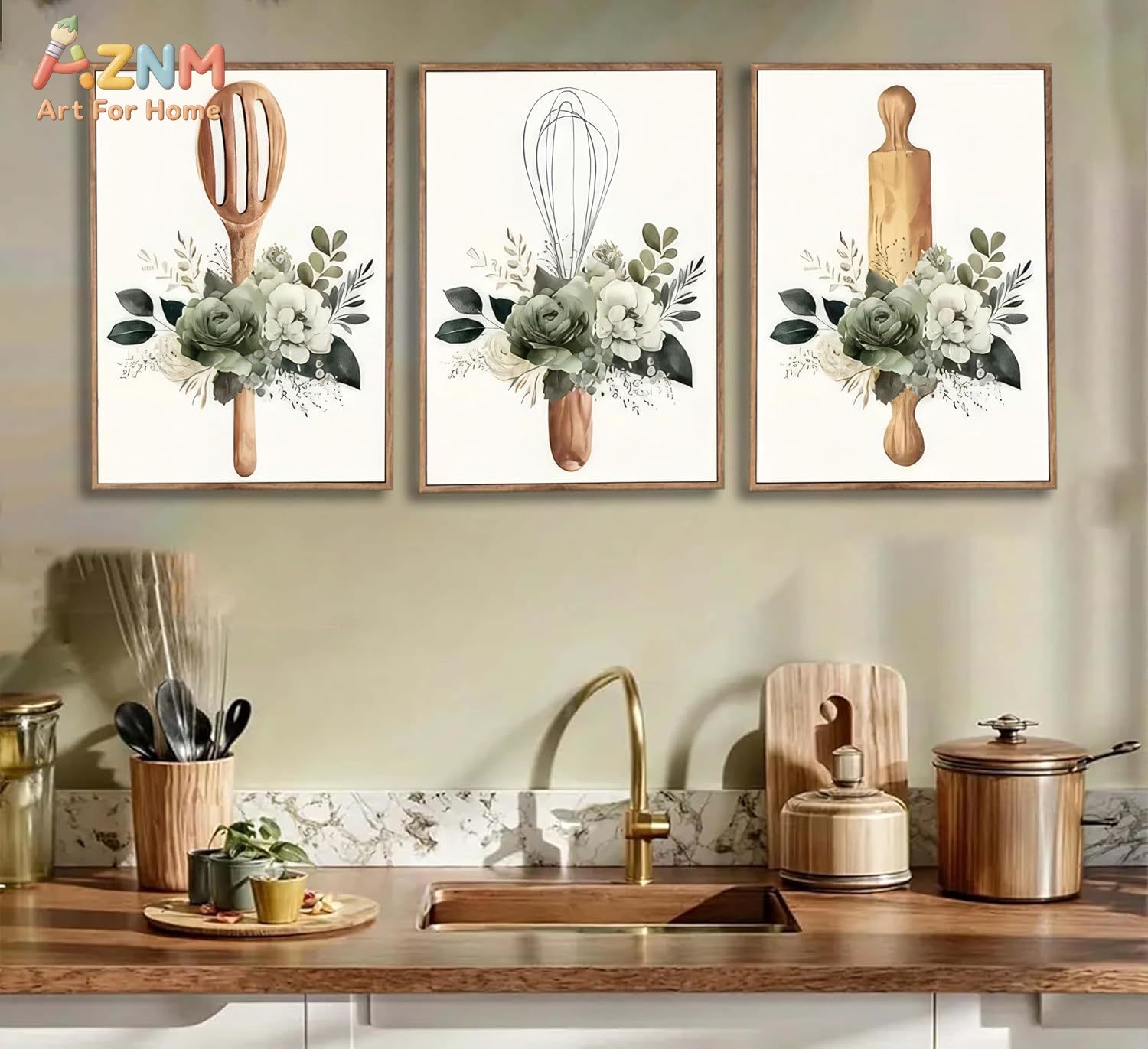 Home Cooking Delivery - AZNM Kitchen Utensils Floral Canvas Wall